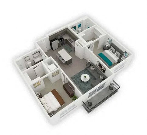 Floor plan for 2 beds, 2 baths, 977 sqft